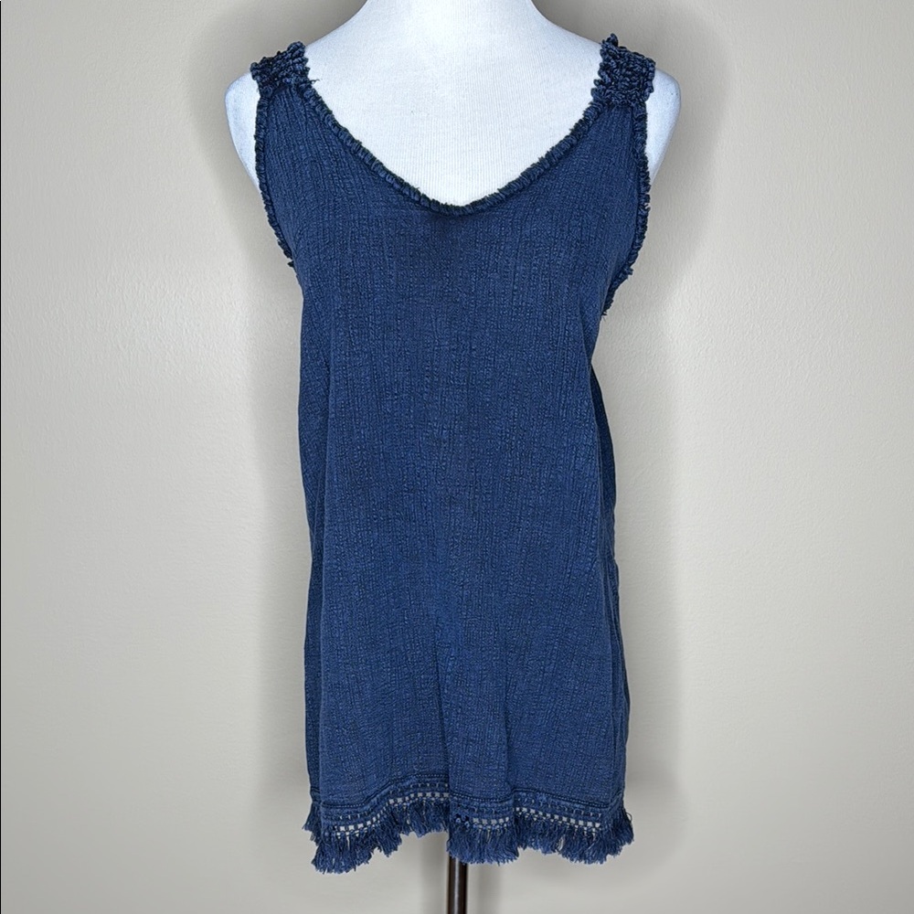 Cotton Natural womens sleeveless tank blouse denim blue fringe trim size XXL.